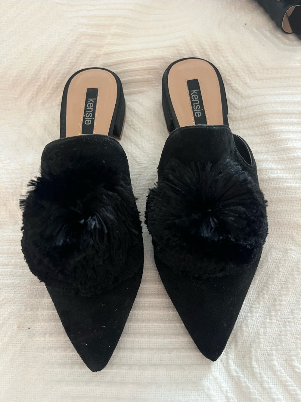 Kensie Black Faux Fur Pom Pom Pointed Toe Mule Heels